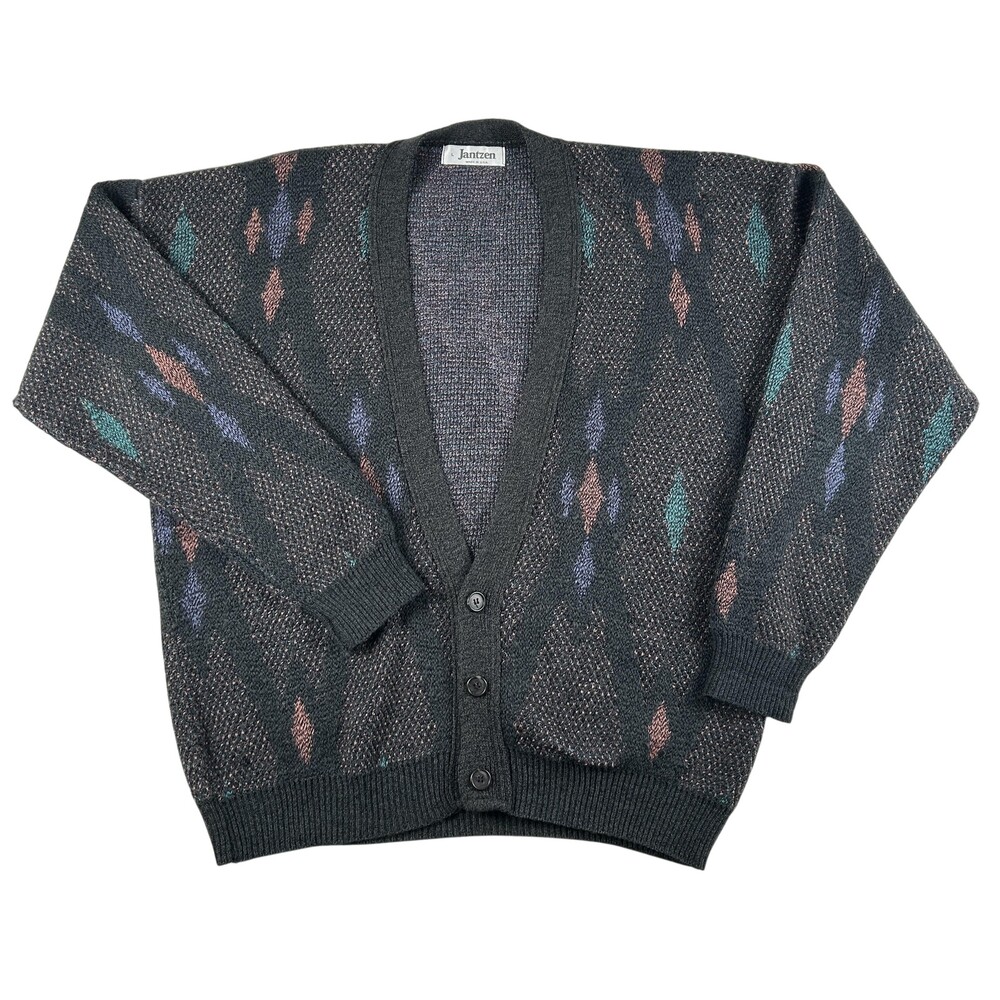 Vtg Jantzen Sweater Mens Large Argyle Knit Button Cardigan USA Grandpacore 90s